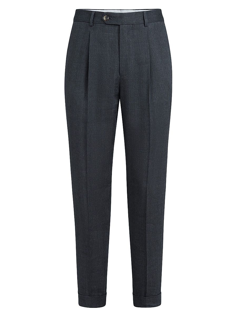 Men's Linen and Virgin Wool Chevron Trousers with Pleats - Anthracite - Size 44