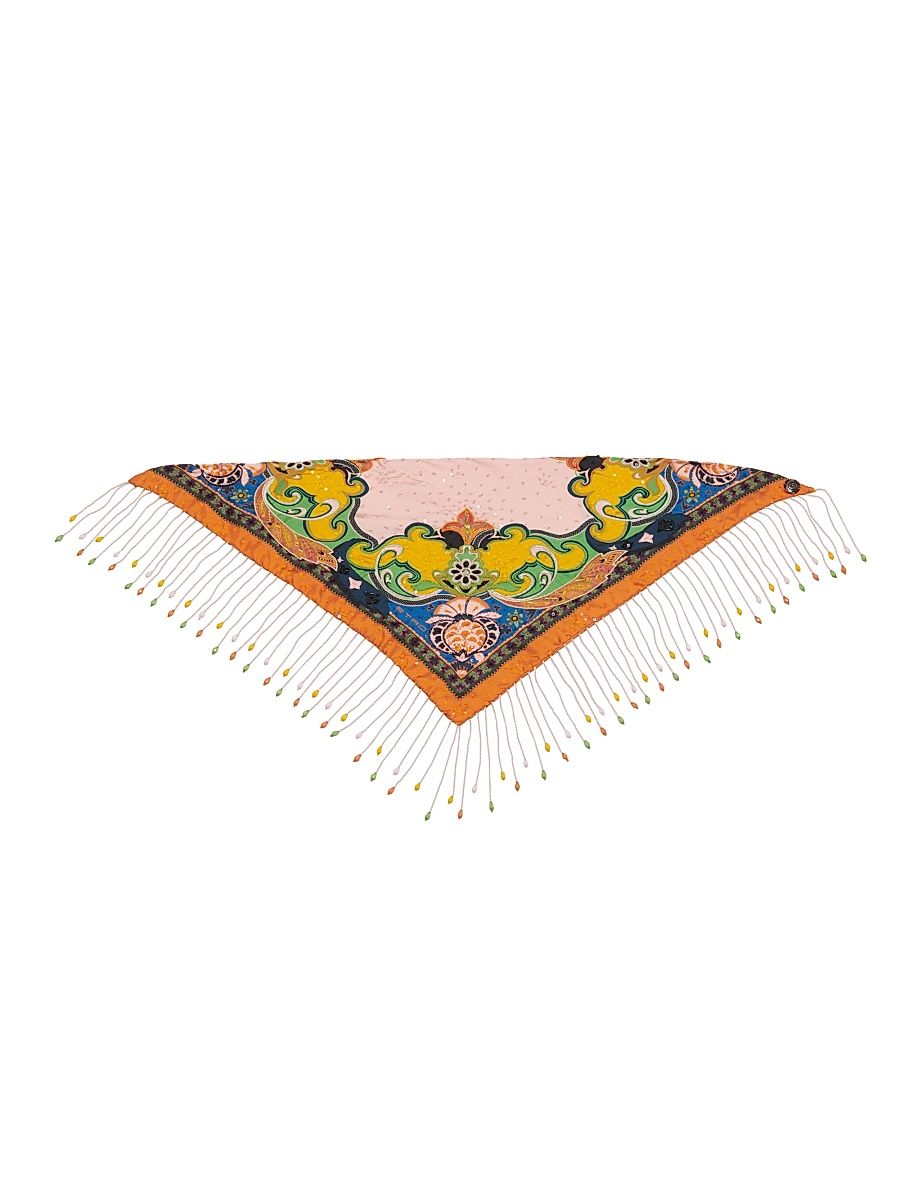 Women's Printed Fringed Silk Bandana - Printed Pink Base