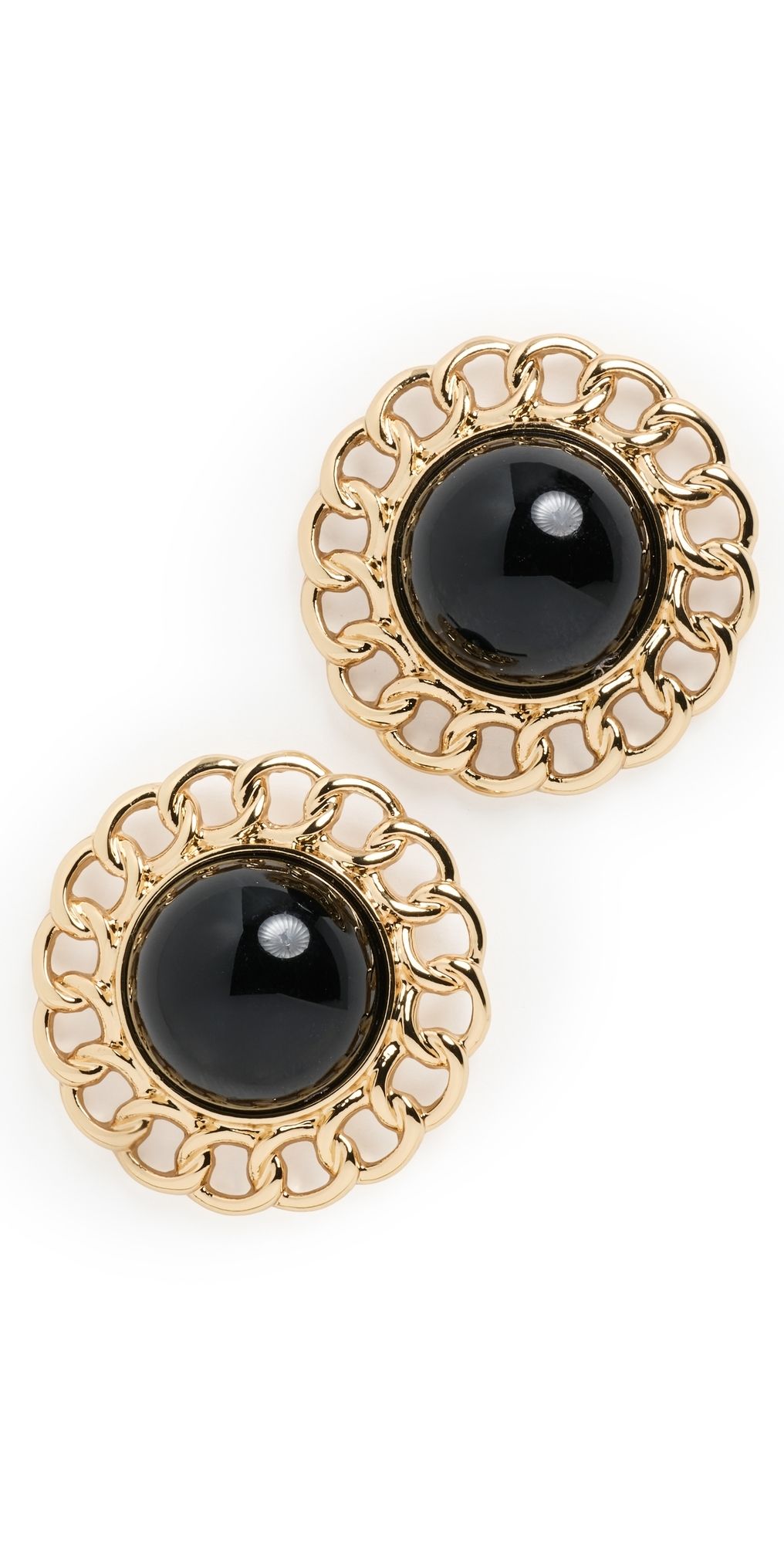 Kenneth Jay Lane Small Polished Gold Braided Edges with Center Button Earrings Black One Size