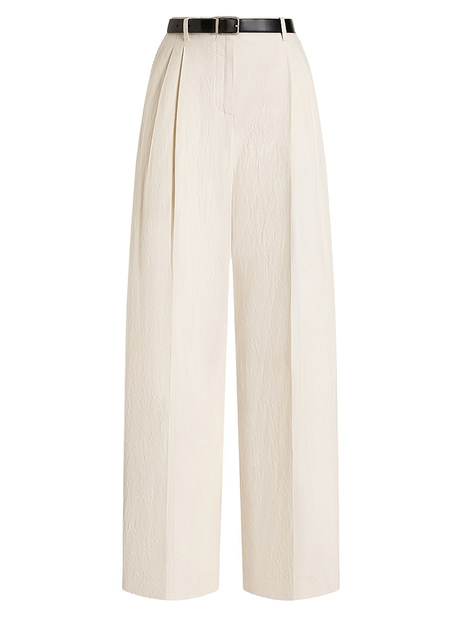 Women's Pleated Cotton-Linen Trousers - Bianco Naturale - Size 12