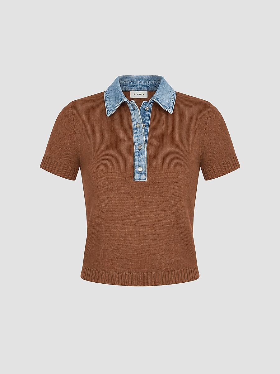 Women's Erika Knit Denim-Trimmed Polo Top - Lakeside Cedarwood - Size XS