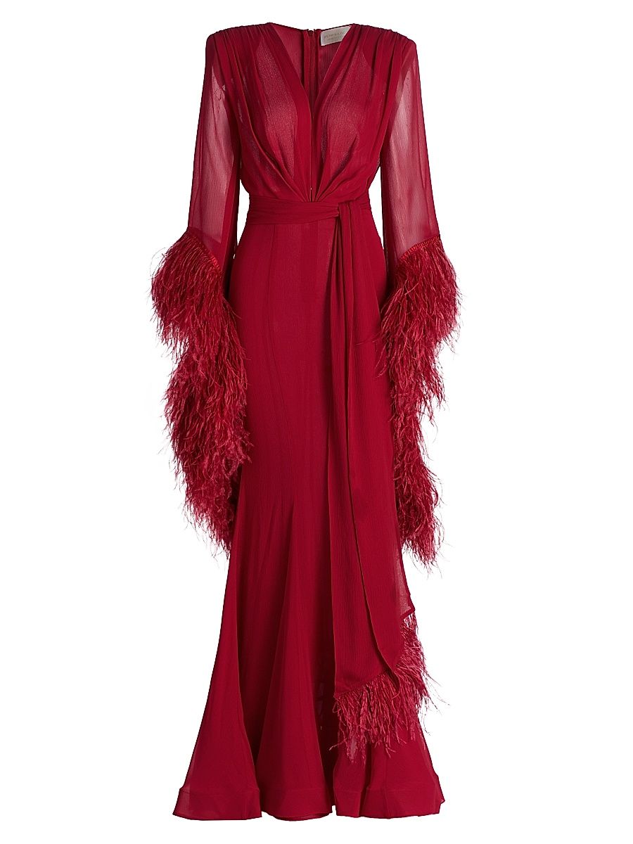 Women's Geisha V-Neck Feather Gown - Red - Size Large