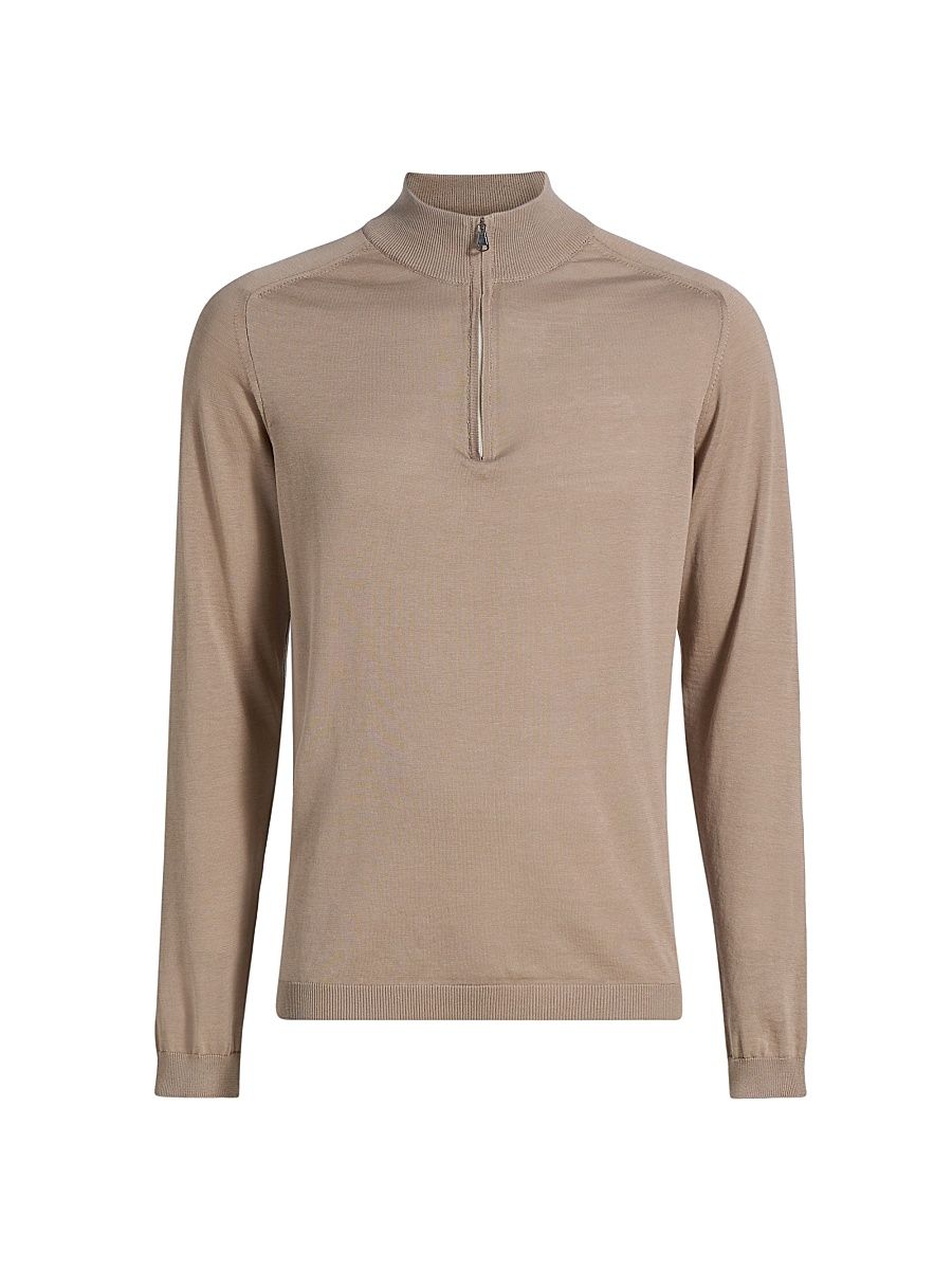 Men's Silk-Cotton Quarter-Zip Sweater - Tan - Size XXL