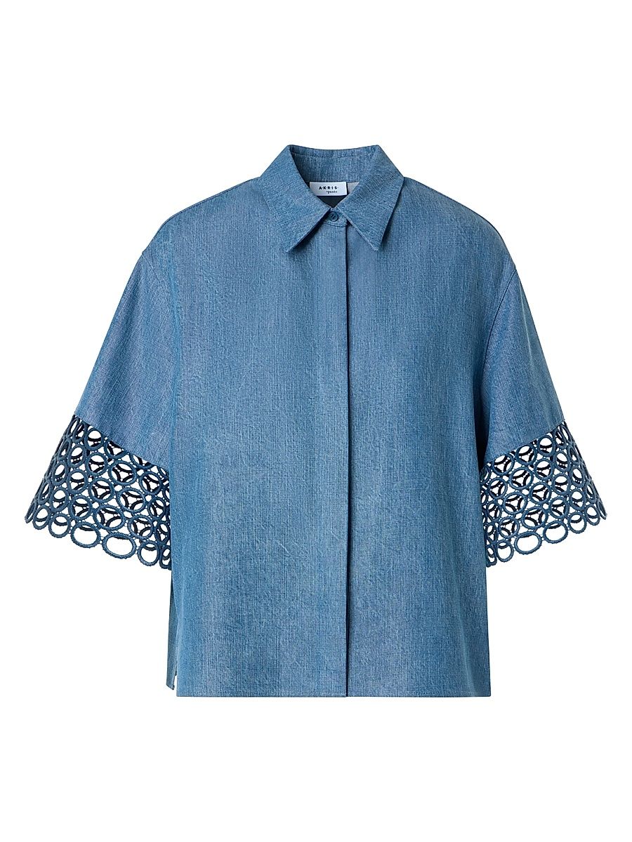 Women's Guipure Washed-Denim Blouse - Medium Blue Denim - Size 16