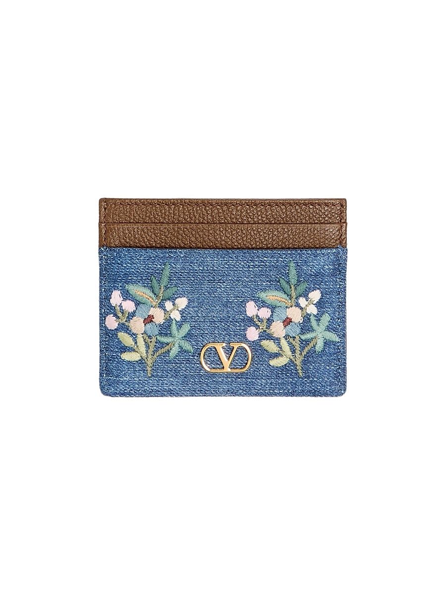 Women's VLogo Signature Card Holder in Denim with Floral Embroidery - Denim