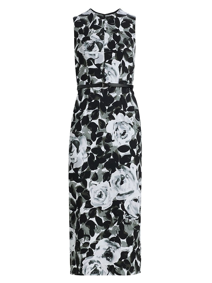 Women's Floral Belted Midi-Dress - Pewter Multi - Size 8