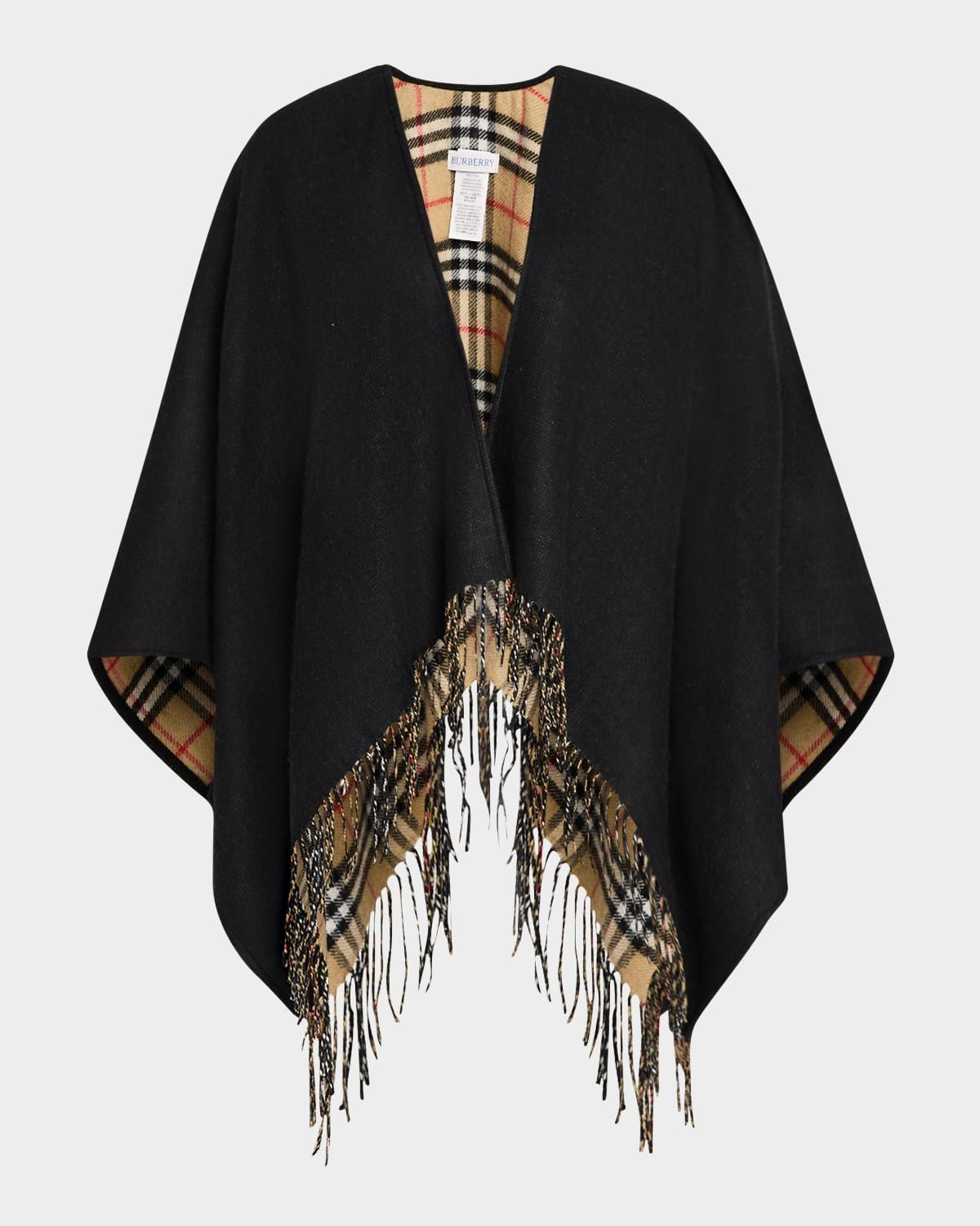 Vintage-Style Check Fringed Wool Cape