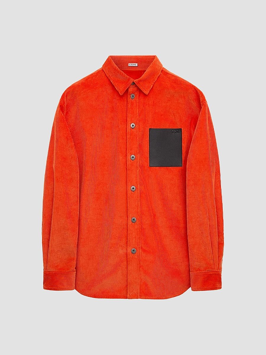 LOEWE Men's Leather-Pocket Corduroy Shirt - Orange - Size 16.5