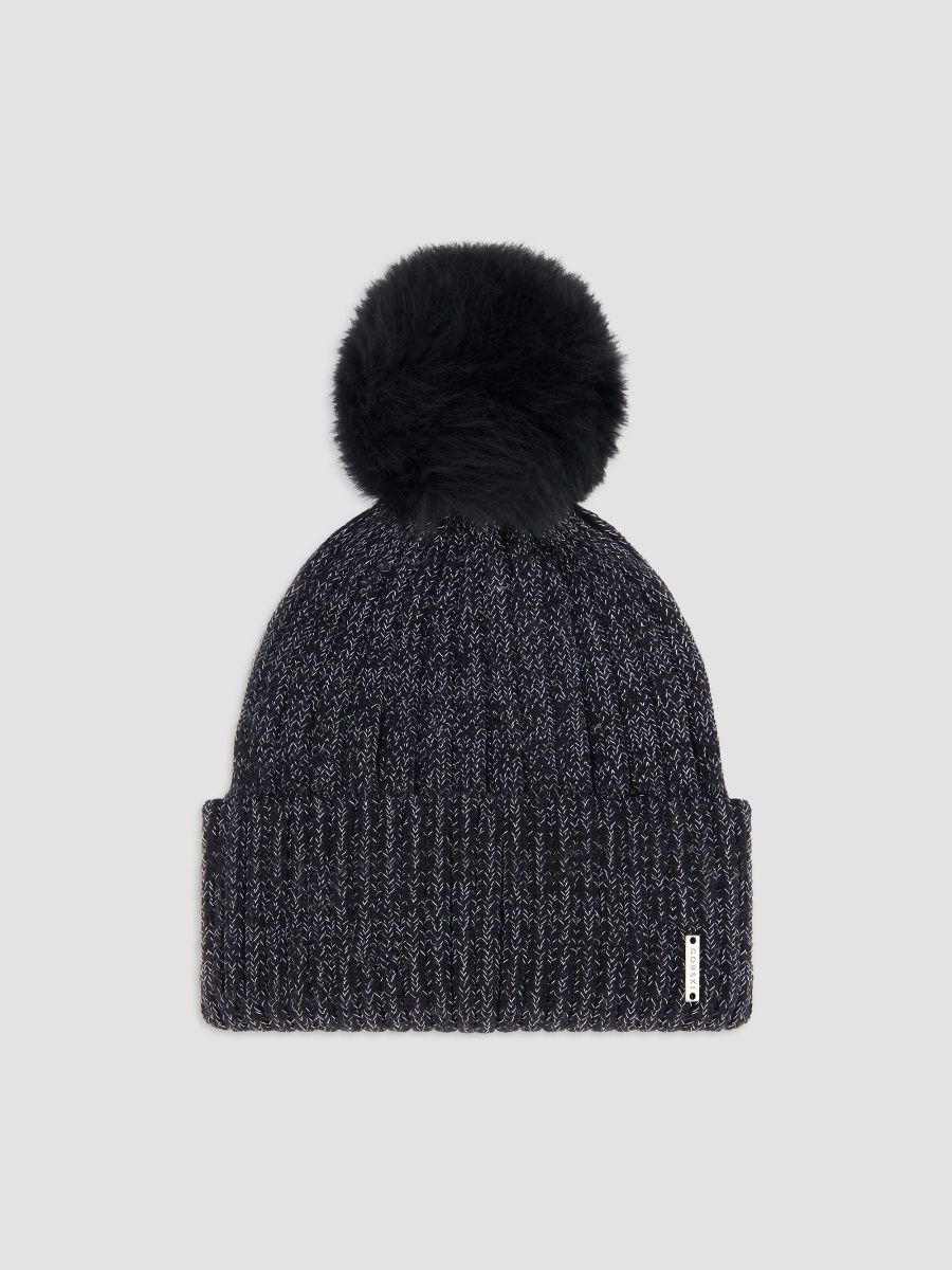 Gorski Women's Metallic Wool Blend Knit Beanie Hat with Merinillo Shearling Lamb Pompom - Black