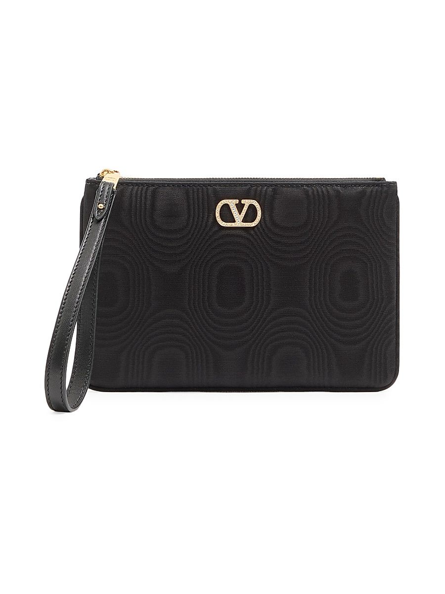 Women's VLogo Signature Clutch in Moiré Fabric with Jewel Logo - Black