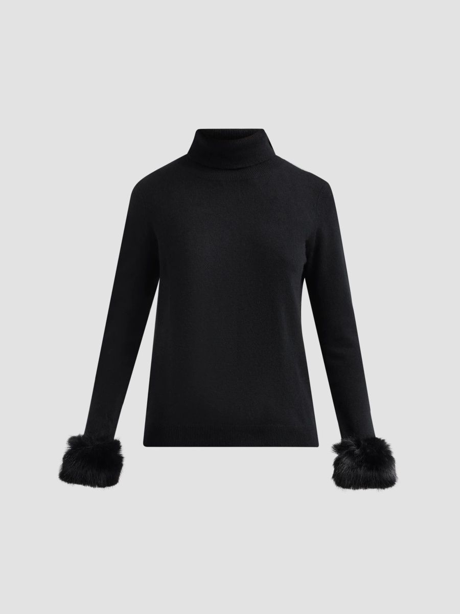 Sofia Cashmere Women's Private Label Turtleneck Faux-Feather-Cuff Cashmere Sweater - Black - Size XS