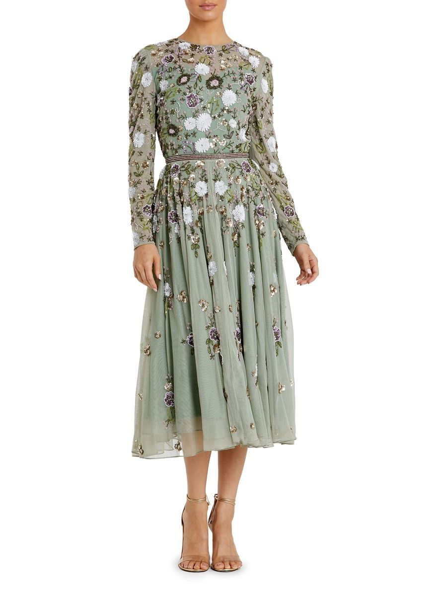 Mac Duggal Women's Cocktail Floral Sequin Chiffon Fit & Flare Midi-Dress - Sage Multi - Size 10