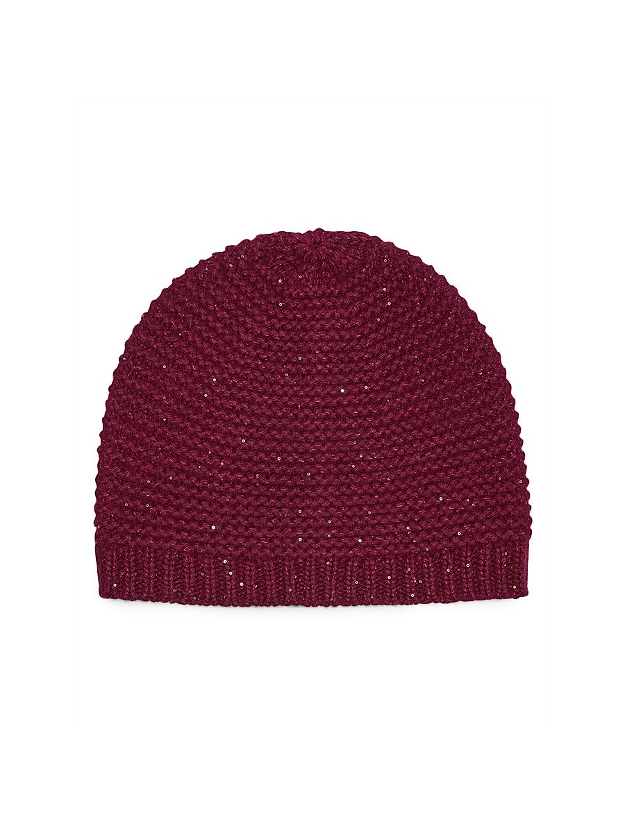 Women's Sequin-Embellished Cashmere Beanie - Burgundy