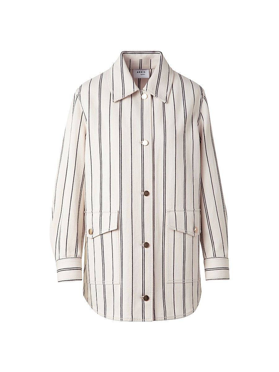 Women's Striped Denim Cotton Boyfriend Jacket - Cashew Black - Size 10