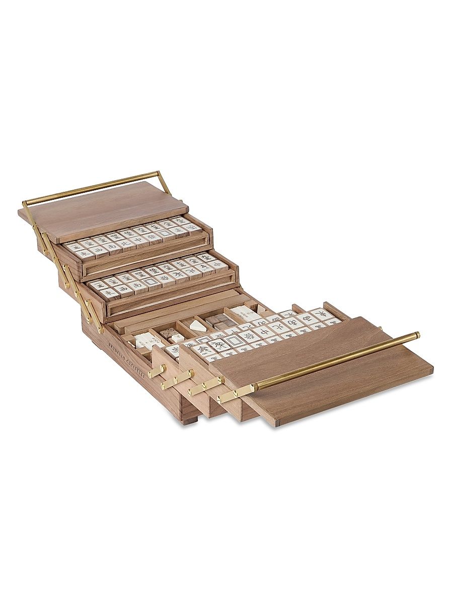 Walnut Wood, Krion and Brass Mahjong Set - Beige