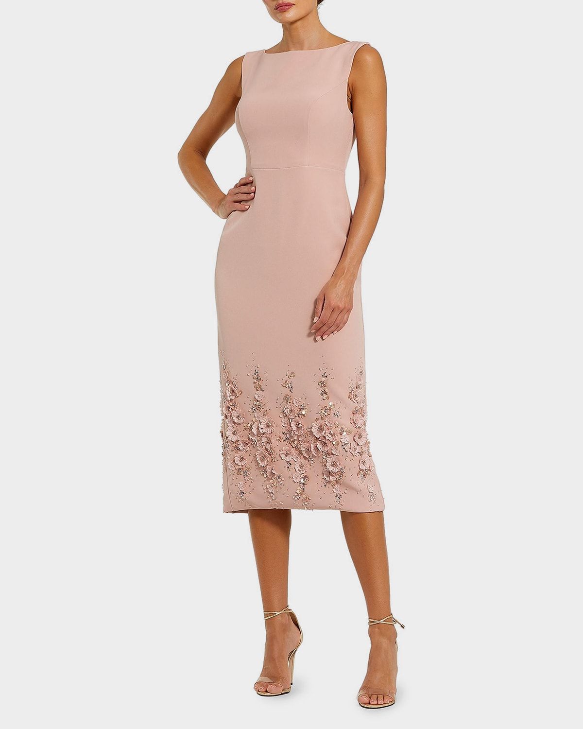 Floral Beaded Crepe Sleeveless Midi Dress