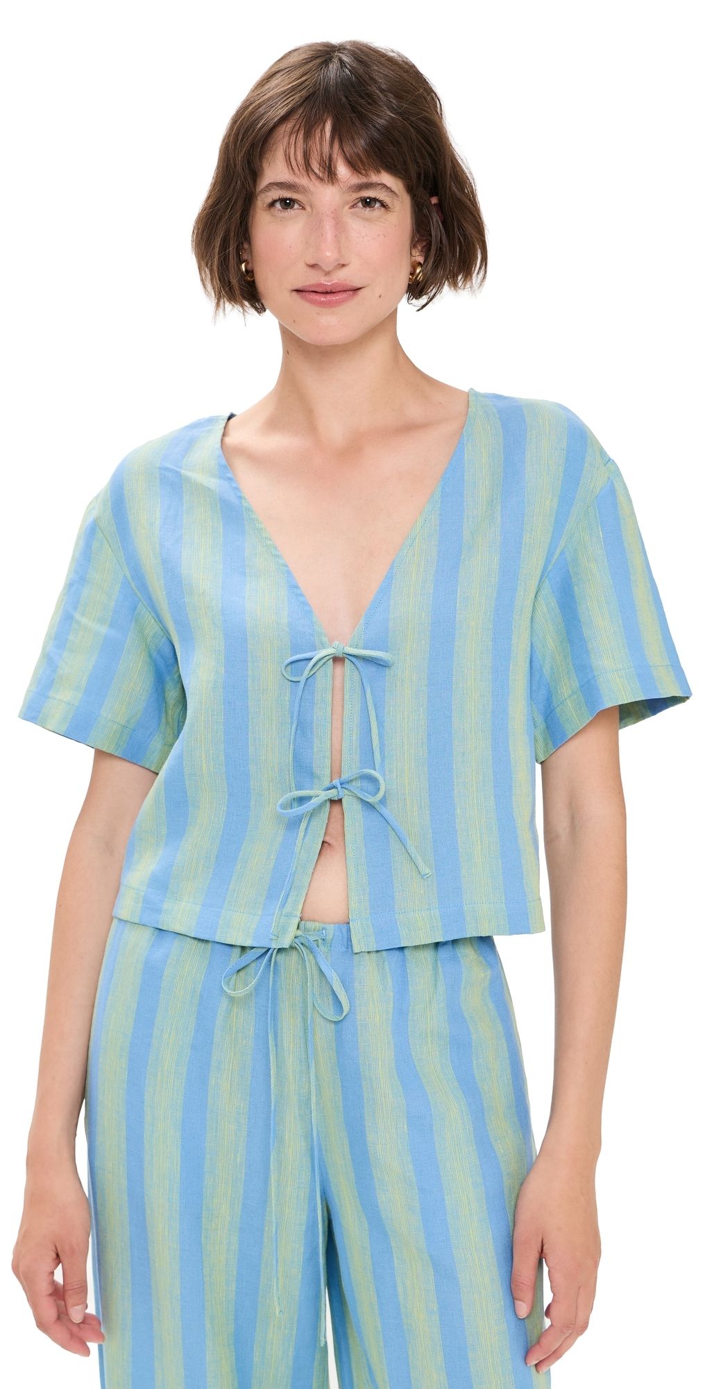 STAUD Ava Linen Top Seaport Stripe S
