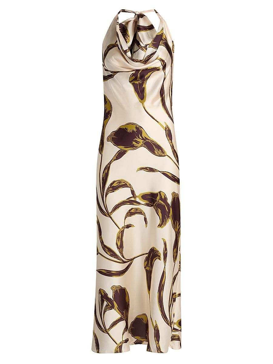 Women's Ida Floral-Print Halterneck Satin Midi-Dress - Mahogany Calla Lily - Size XS