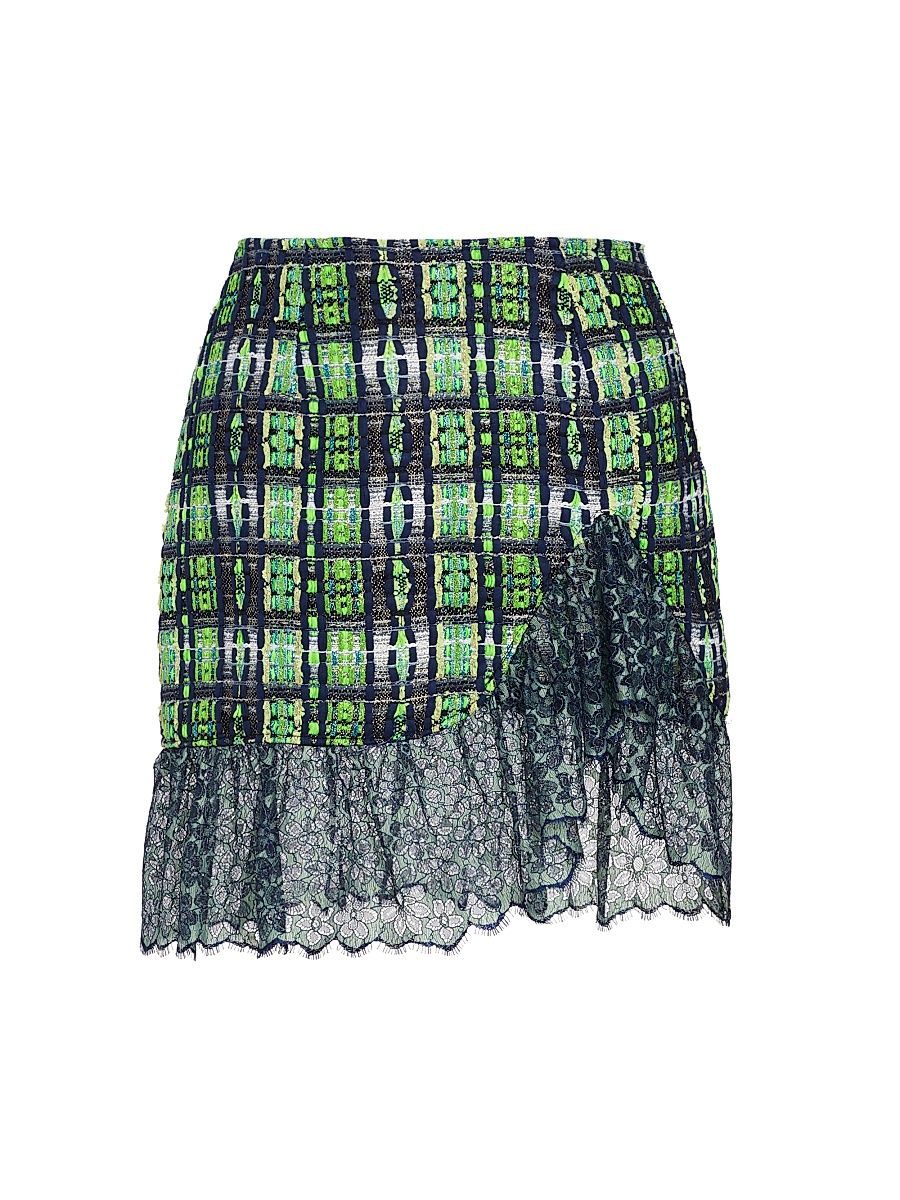 Women's Lace-Trim Plaid Mini Skirt - Green Blue - Size 2