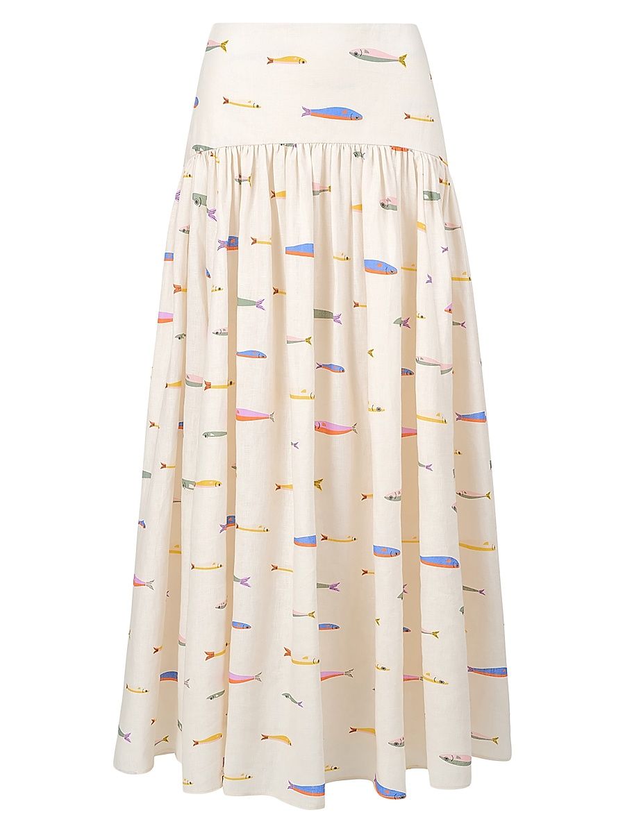 Women's Procida Fish-Print Linen Maxi Skirt - Pop Sardines Ivory - Size 6