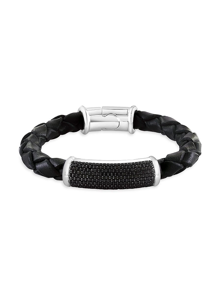 Men's COLLECTION 925 Sterling Silver, Leather & Black Spinel Bracelet - Black Silver