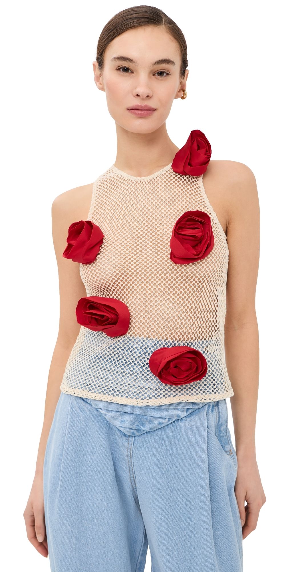 By Efrain Mogollon Rosita Mesh Tank Top Nude With Red Flowers L