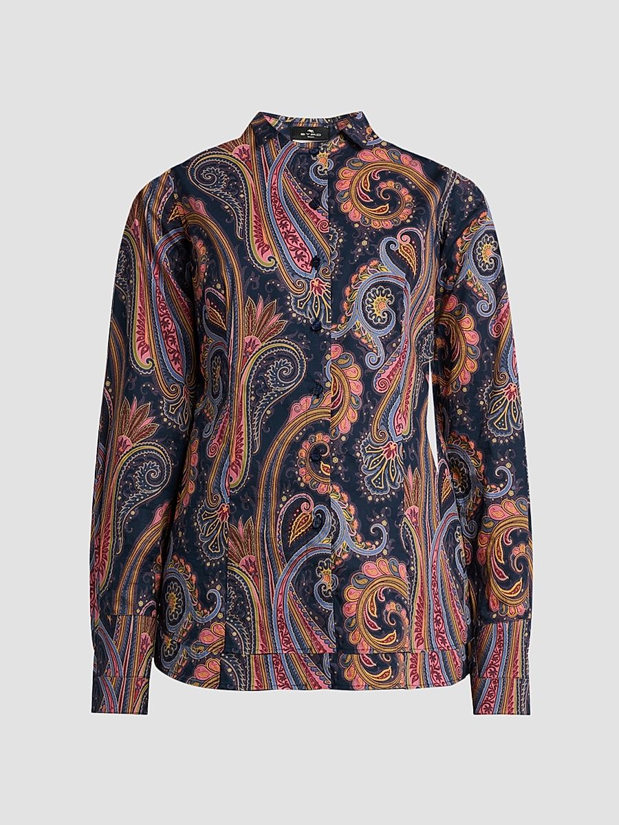 Women's Paisley Stretch-Cotton Shirt - Printed Blue - Size 14