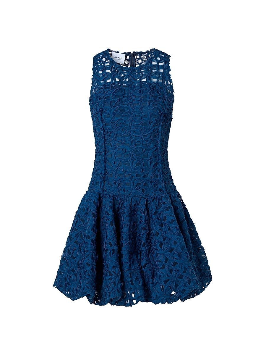Women's Embroidered Tulle Sleeveless Minidress - Dark Blue - Size 2