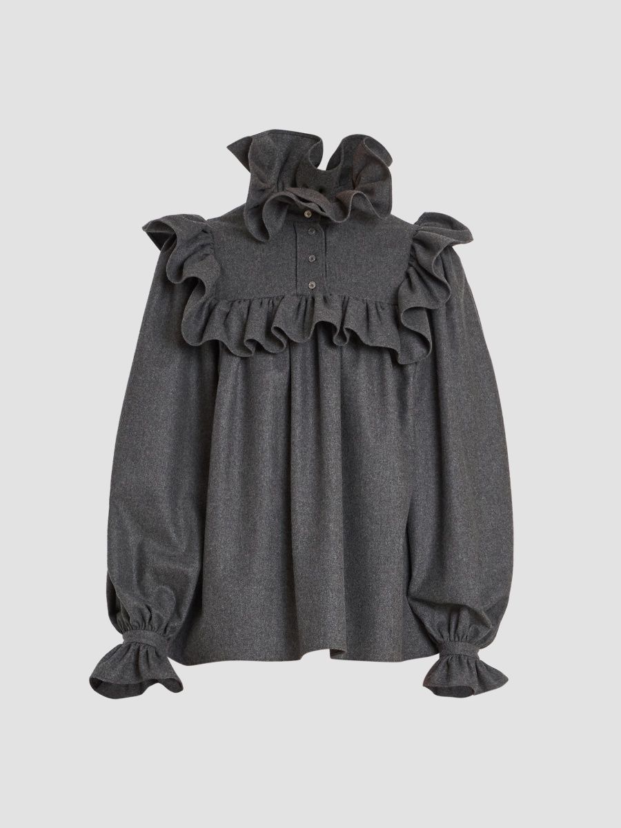 Women's Ruffled Virgin Wool-Cashmere Top - Graphic Grey - Size 8