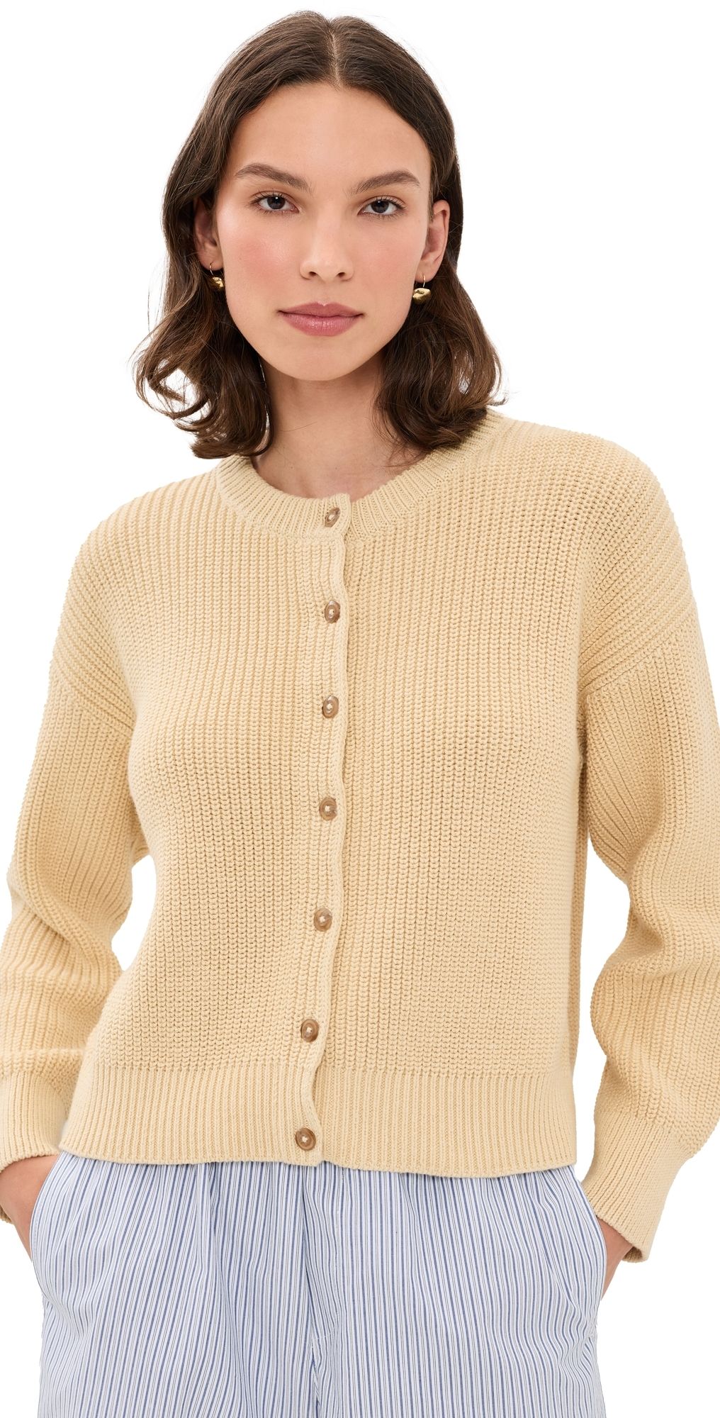 Jenni Kayne Cotton Hayes Crew Neck Cardigan Pale Yellow XS