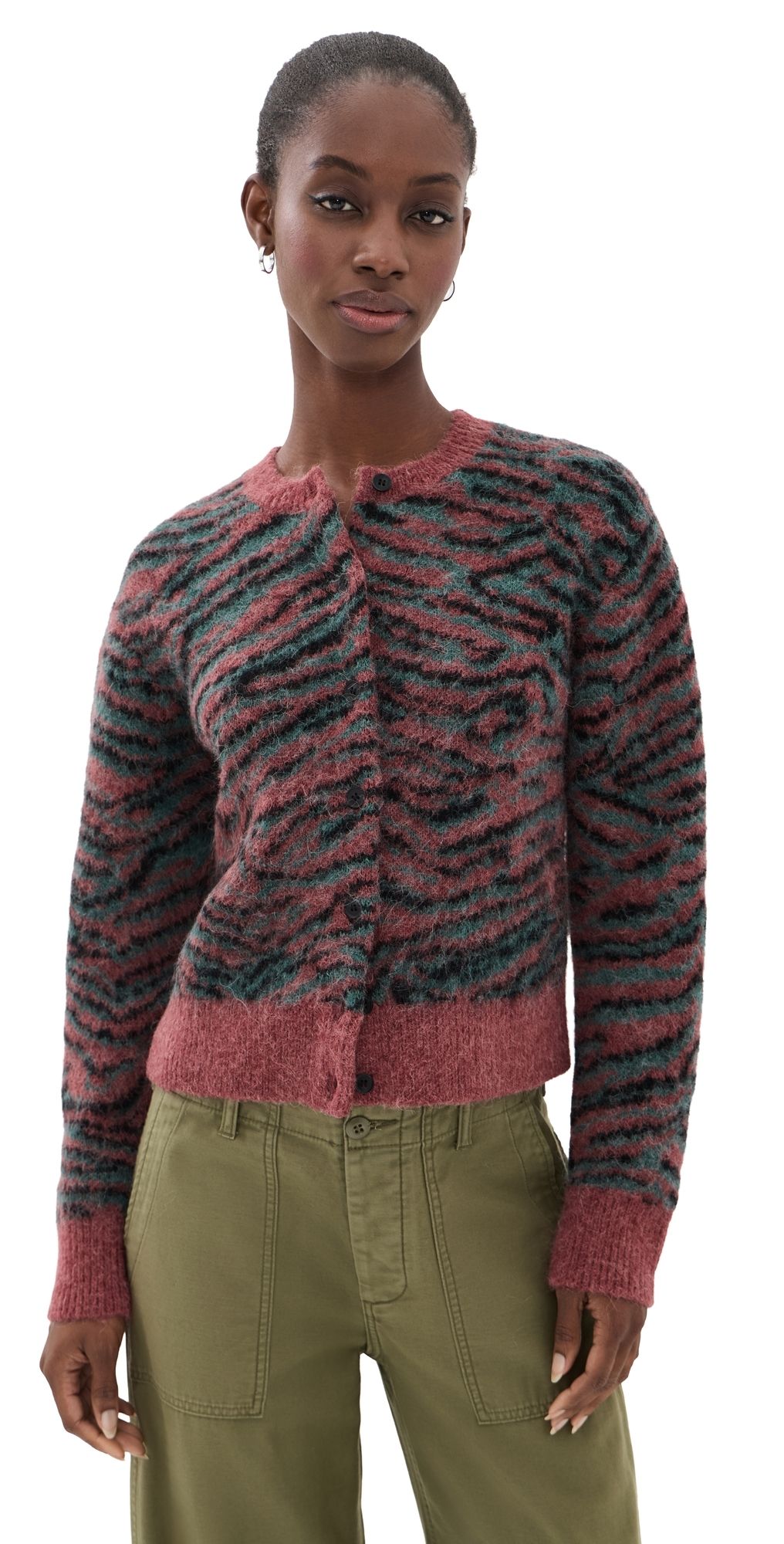 3.1 Phillip Lim Tiger Print Crew Neck Cardigan Sable Multi M