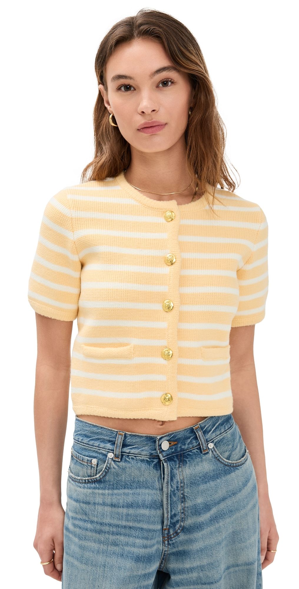 English Factory Knit Striped Sweater Cardigan Butter/White M