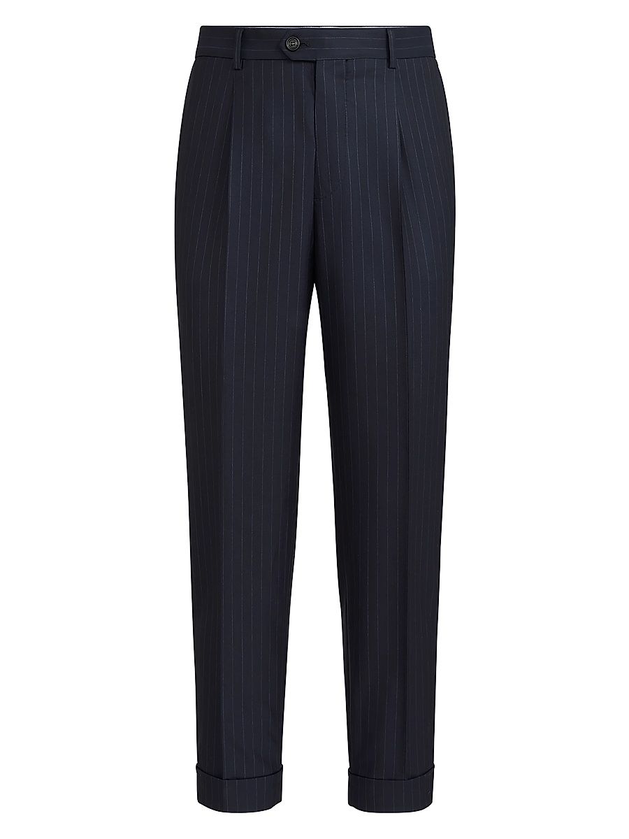 Men's Virgin Wool Chalk Stripe Batavia Trousers with Pleats - Navy Blue - Size 48