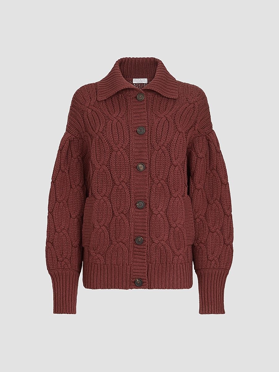 Women's Cashmere Feather Yarn Heritage Cable Cardigan - Ruby - Size XXS