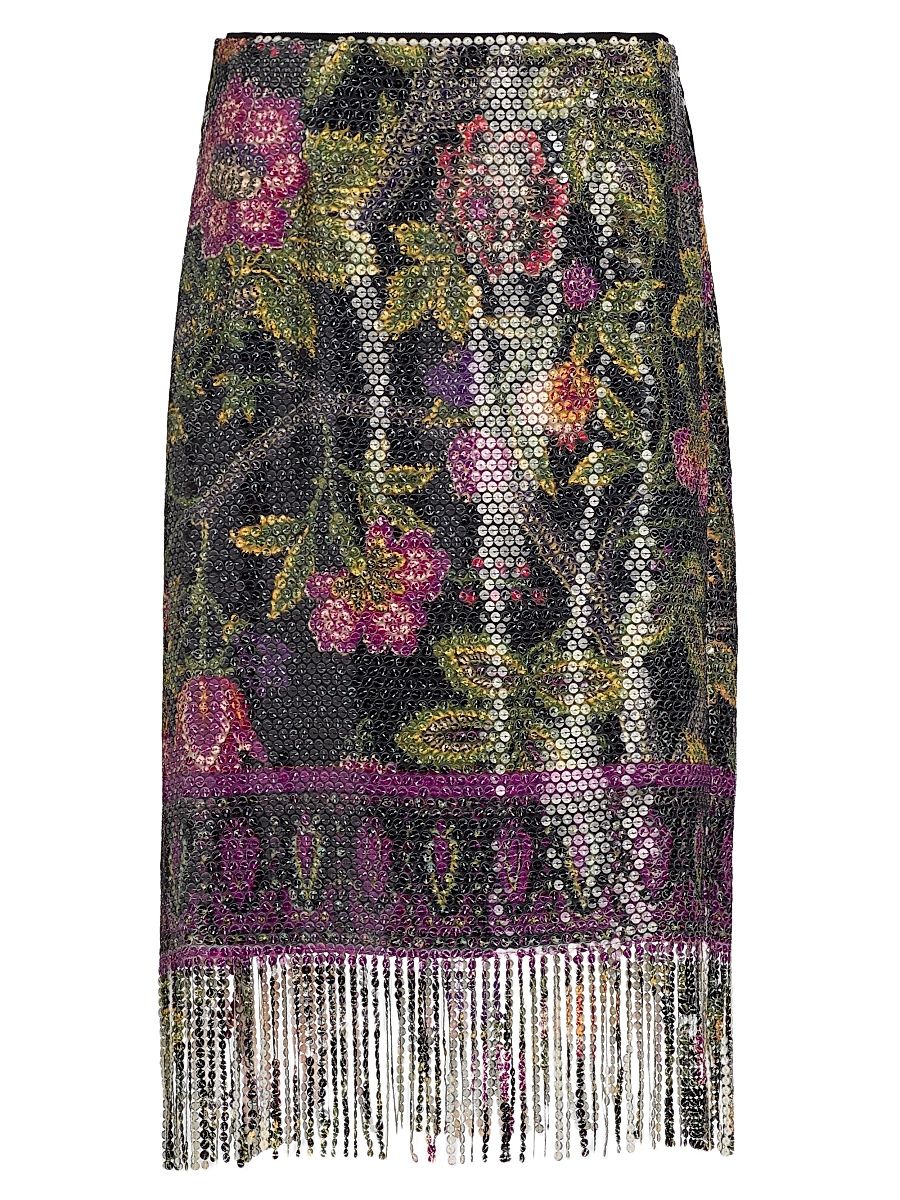 Women's Vivienne Fringed Printed-Sequin Midi-Skirt - Black Multi - Size XL