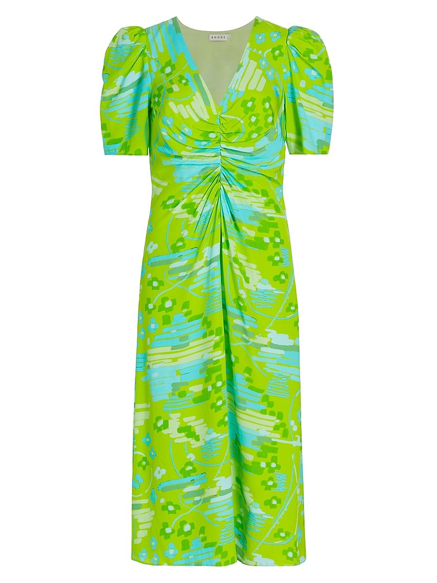 Women's Maci Geometric Puff-Sleeve Midi-Dress - Electric Eden - Size 6