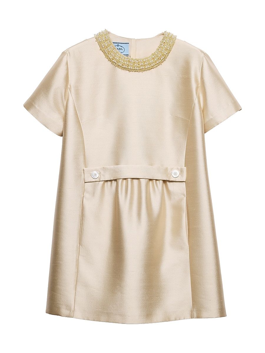 Women's Embroidered Double Shantung Dress - Beige Khaki - Size 12
