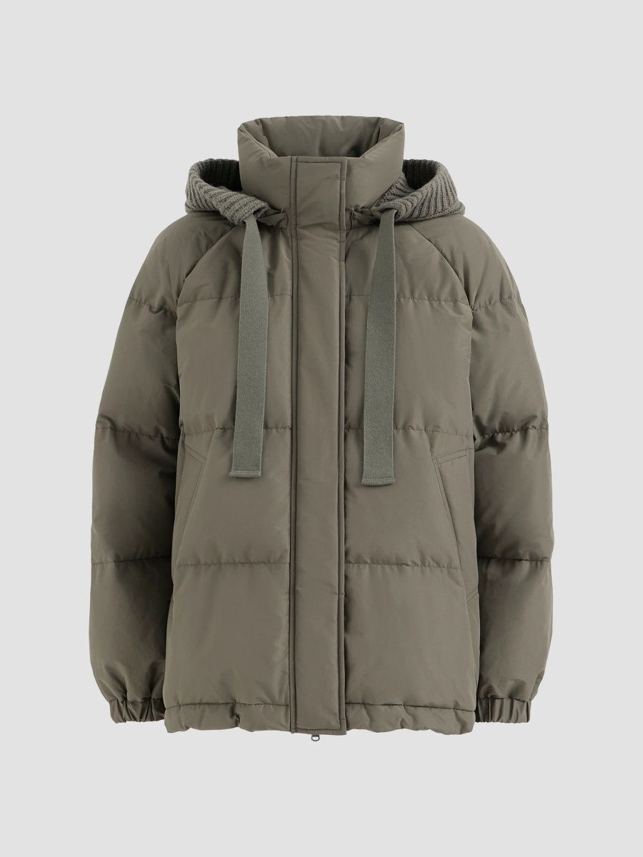 Brunello Cucinelli Women's Techno Cotton Taffeta Down Jacket with Detachable Cashmere Knit Hood - Green - Size 0