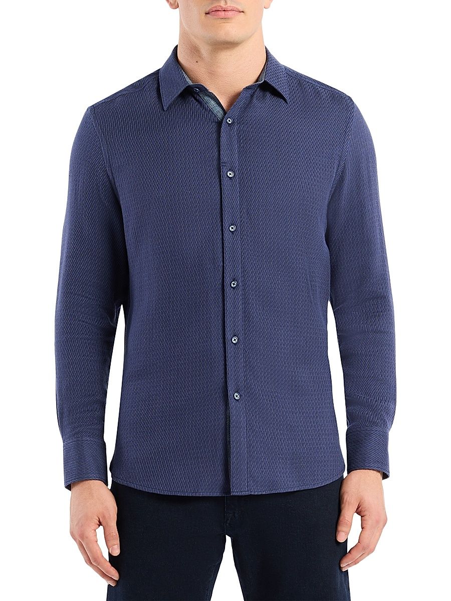 Men's Leonard Textured Cotton-Blend Long-Sleeve Shirt - Indigo - Size XL