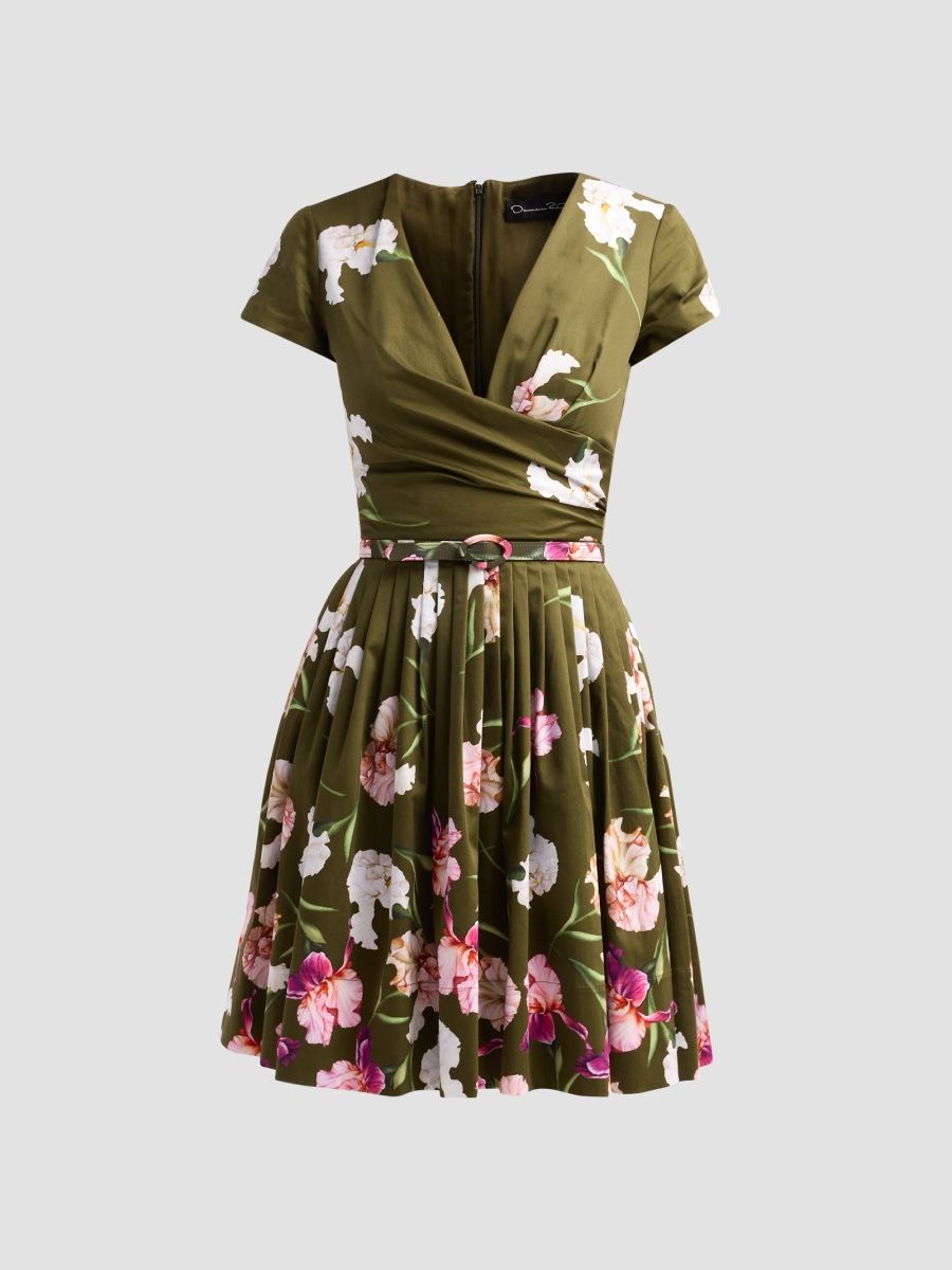 Oscar de la Renta Women's Painted Iris Dégradé Poplin Pleated Day Dress - Dark Moss Multi - Size 0