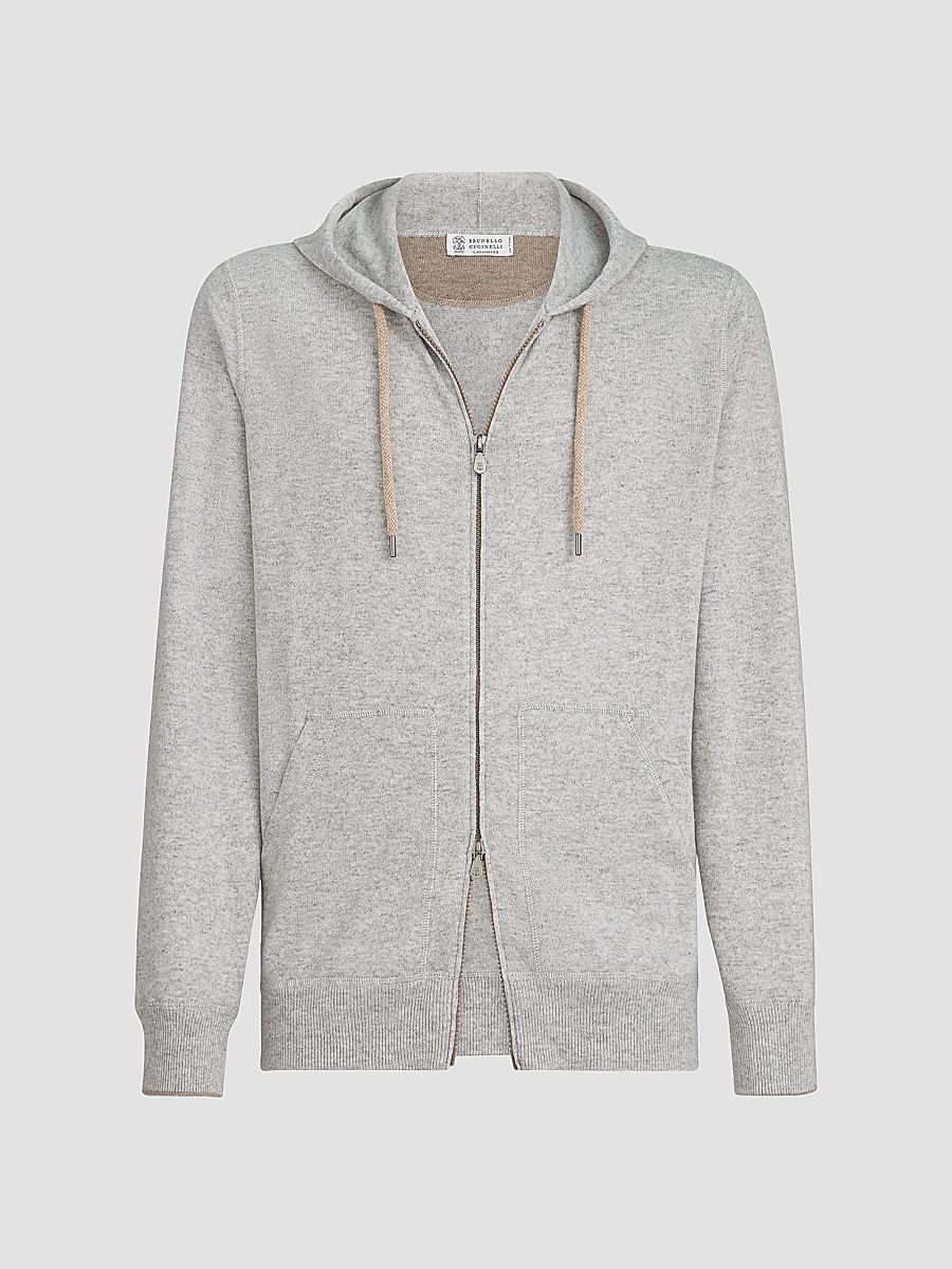 Brunello Cucinelli Men's Cashmere Sweatshirt-Style Cardigan with Hood - Sand - Size 48
