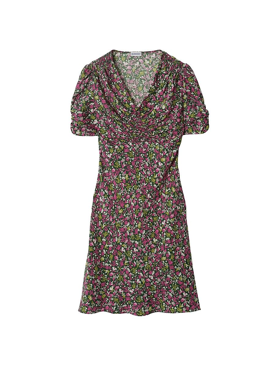 Women's Jade Ruched Floral Silk Minidress - Petunia Pink Pattern - Size 14