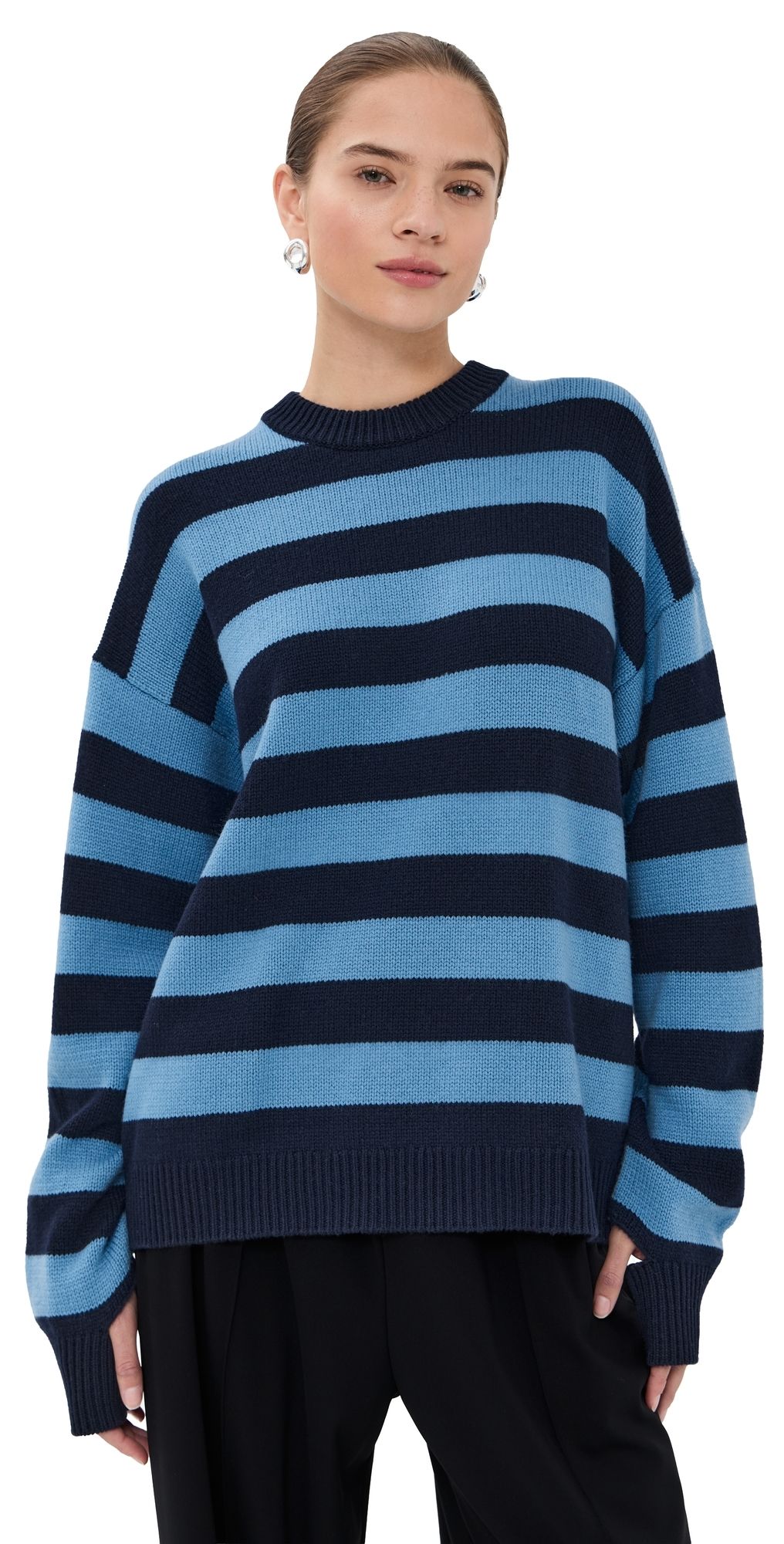 Tibi Stripe Cashmere Crewneck Easy Pullover Navy Multi L