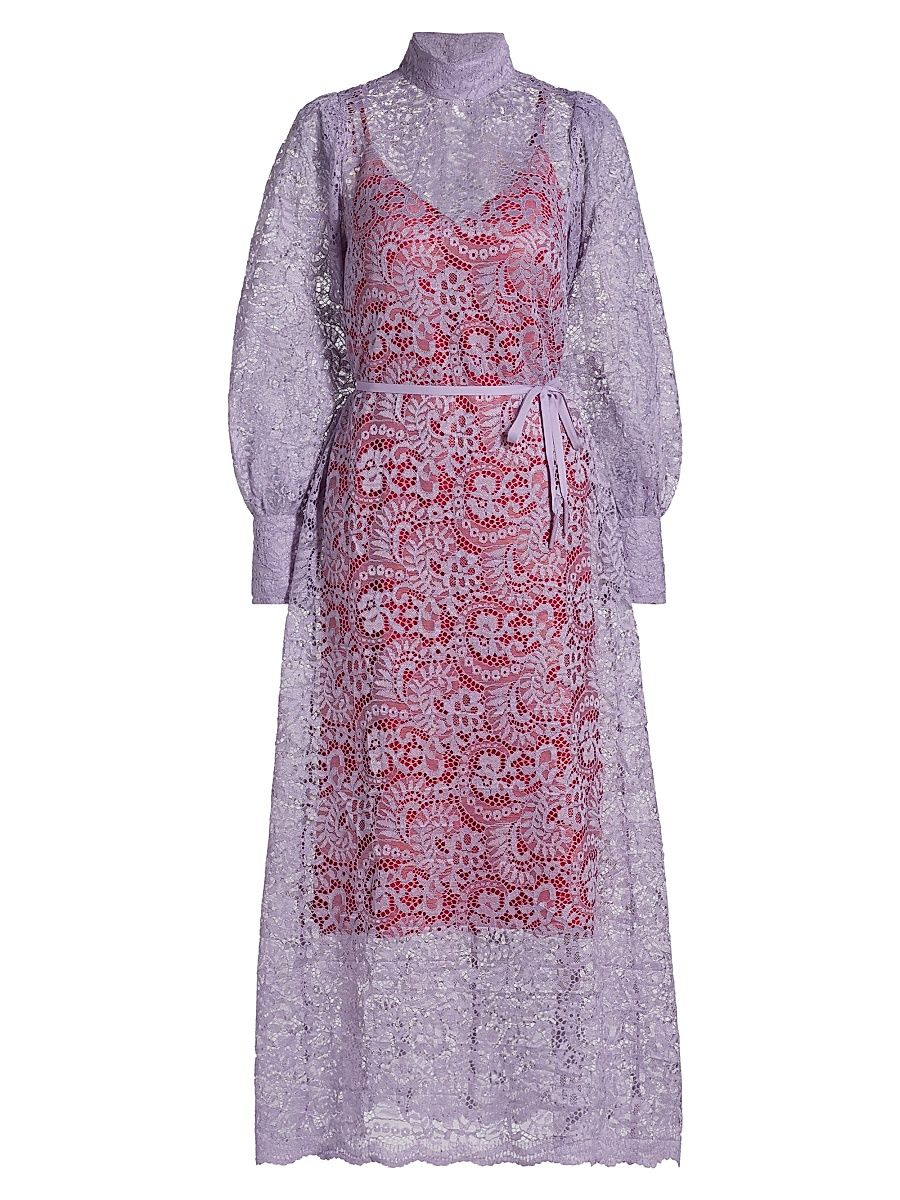 Women's Lace Tie-Waist Midi-Dress - Lilac - Size Medium