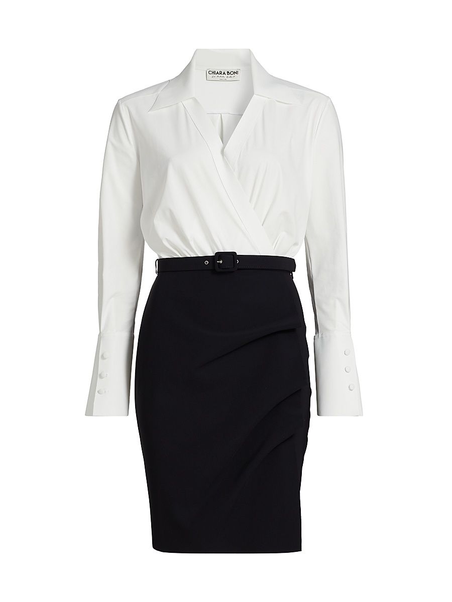 Women's Faro Bic Colorblocked Belted Midi-Shirtdress - Black White - Size 8