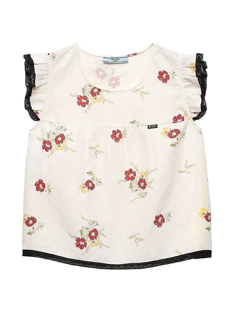 Women's Linen Top with Floral Motif - Red - Size 6