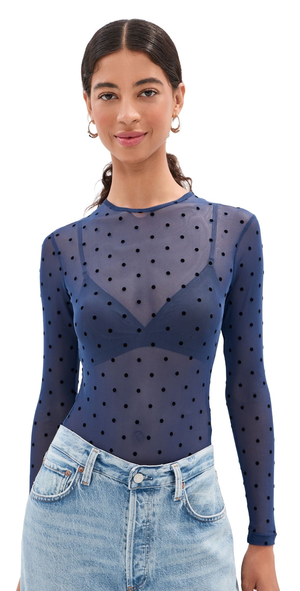 LE BOP Hannah Polka-Dot Thong Bodysuit Navy Flocked Polka Dot XS