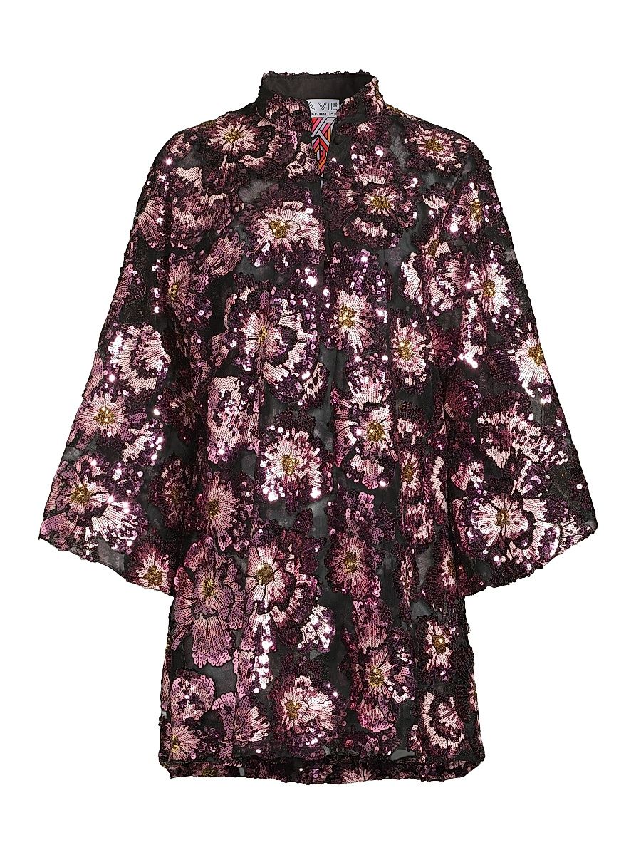 Women's Floral-Sequined Chiffon Oversized Mini Caftan - Purple Black