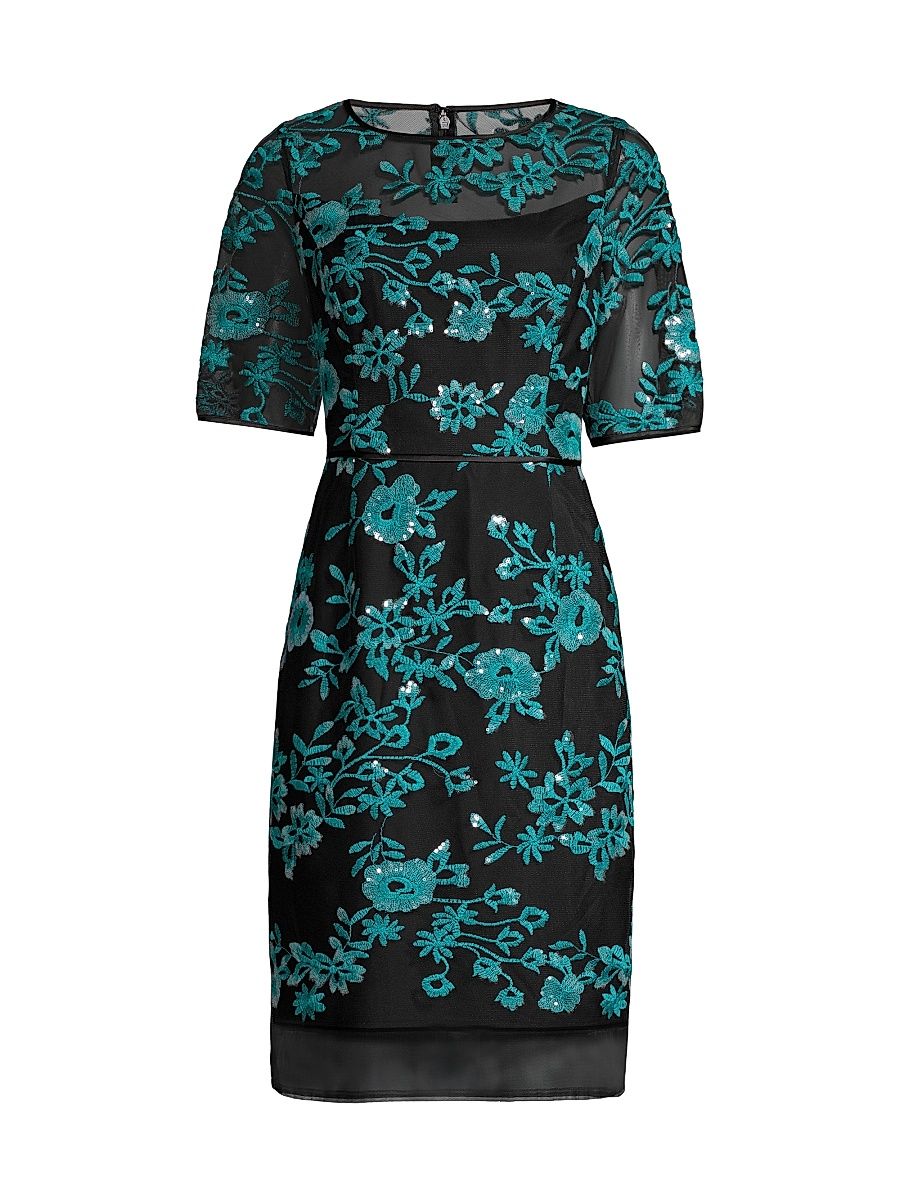 Women's Novelty Embroidered Illusion Dress - Black Teal - Size 14