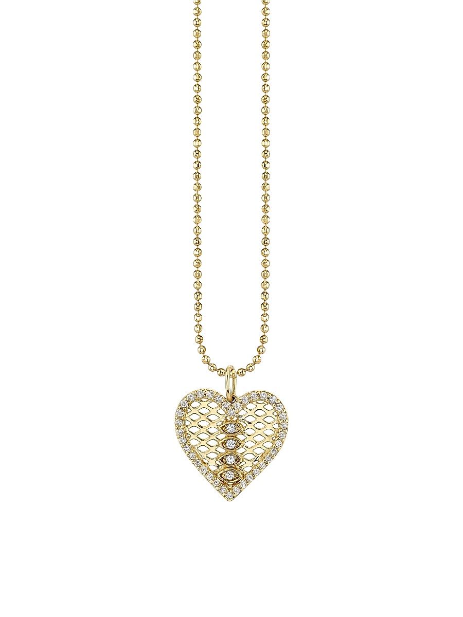 Women's 14K Yellow Gold & 0.39 TCW Diamond Fishnet Heart Pendant Necklace - Yellow Gold